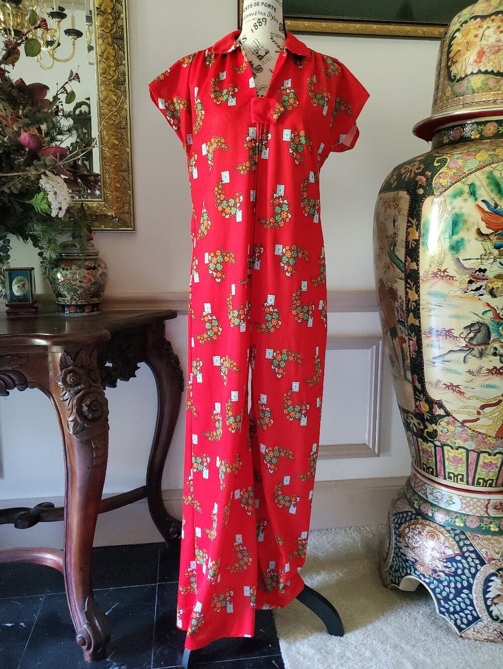 Vintage Handmade Floral Print Wide Leg Jumpsuit 70s Flower Power